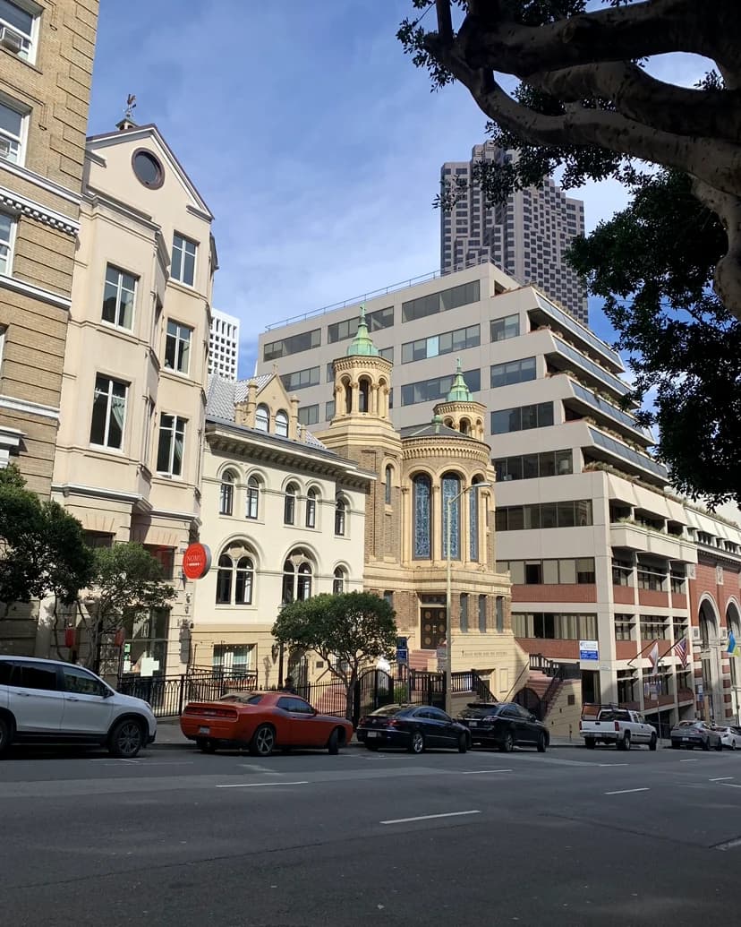 Older and modern commercial buildings along a California city street